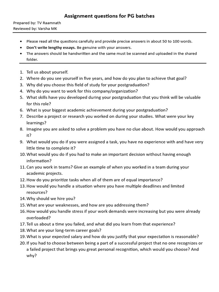 PG Assignment Questions for Interviews | PDF