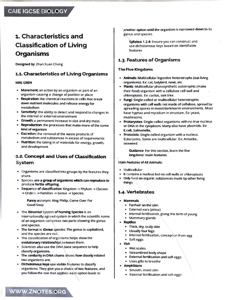 Characteristics and Classification of Organisms | PDF | Cell (Biology ...