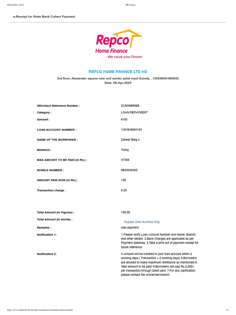 SB Collect Loan Repayment Receipt | PDF | Payments | Loans