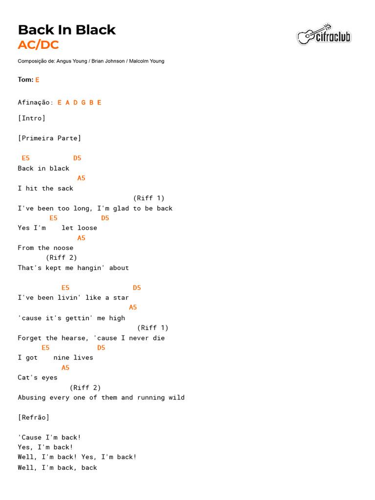 Back In Black Chords and Tabs | PDF