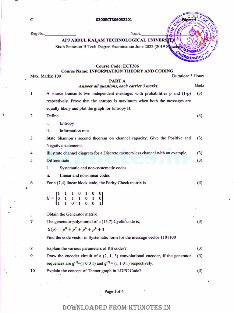 Information Theory and Coding Exam 2022 | PDF | Discrete Mathematics ...