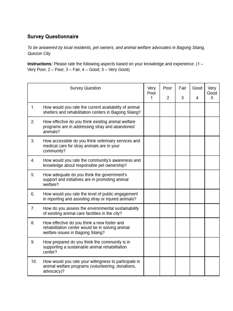 Survey Questionnaire - REYES | PDF | Animal Welfare