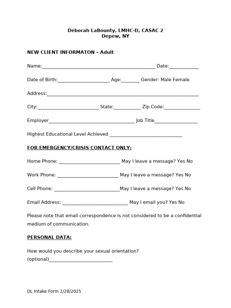 DL Intake Form 2.28.2025 | PDF | Major Depressive Disorder | Anxiety