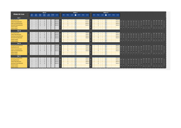 Exercise Log - Template Collection - (4x - Week) Anterior - Posterior ...