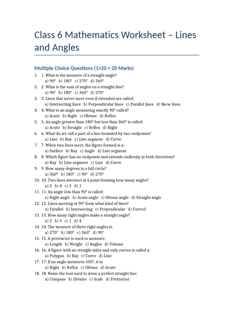 Lines and Angles Worksheet | PDF | Line (Geometry) | Angle