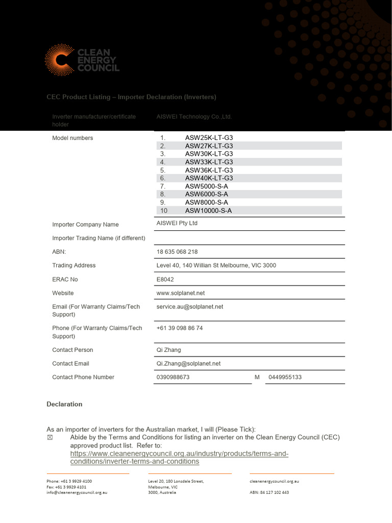 INV 06 Inverter Importer Declaration ASW 6 10k S V9 11 2022 | PDF