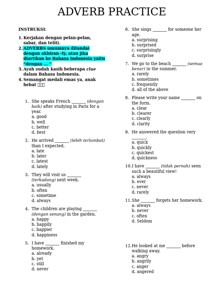 Adverb Practice for B&J Semarang | PDF