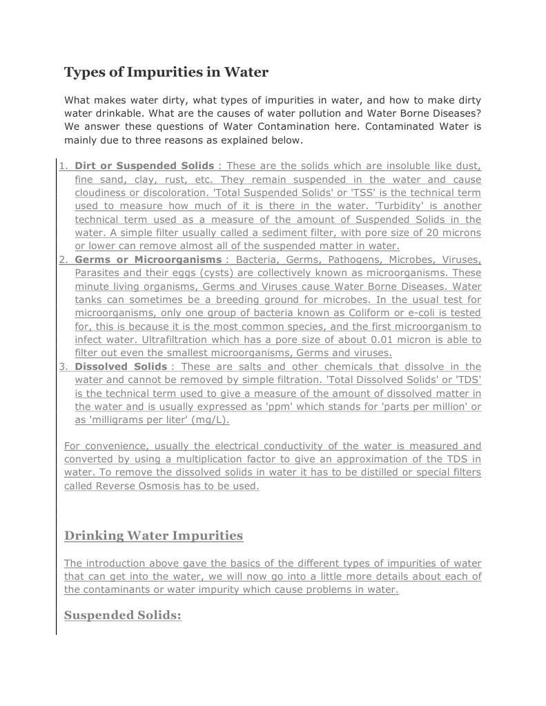 Types of Impurities in Water Water Purification Ph