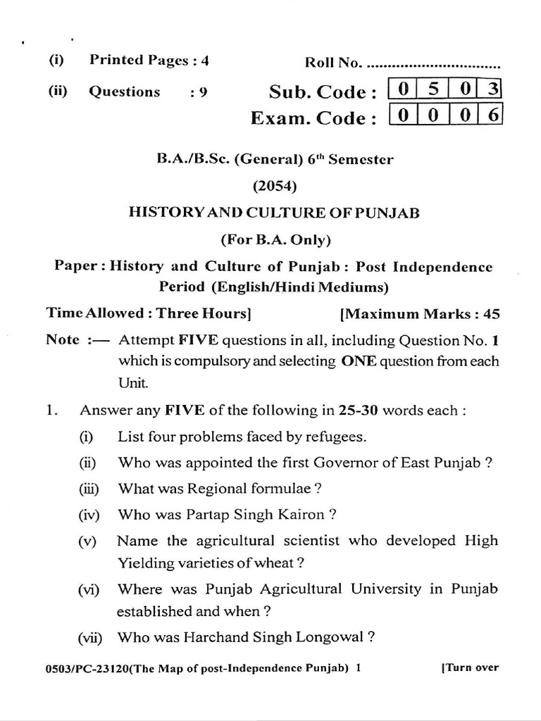 BA BSC - General - 6th Sem - History and Culture of Punjab - Paper ...
