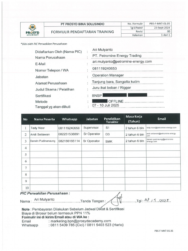 Form Pendaftaran Training Rigger (07-10 Juli 2025) | PDF