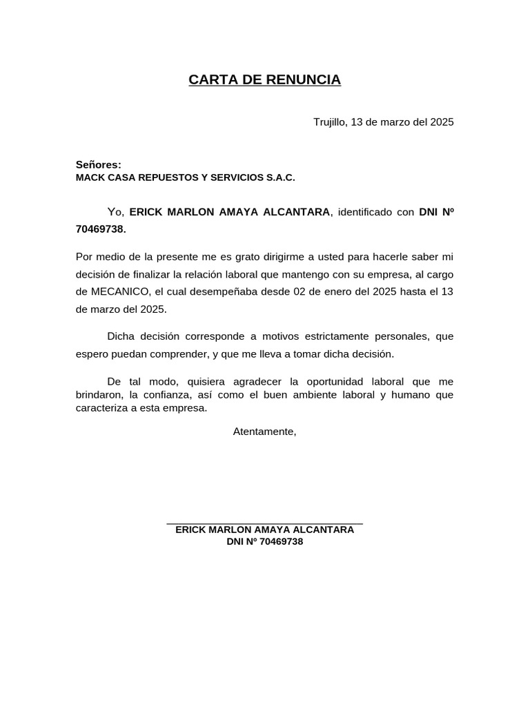 Carta de Renuncia de Erick Amaya | PDF