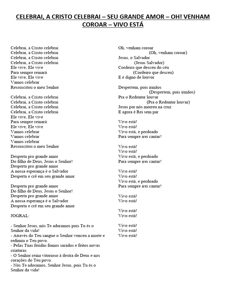Letra - Celebrai A Cristo - VIVO ESTÁ | PDF | Jesus | Amor