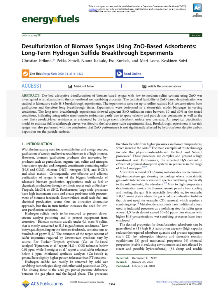 Biomass Syngas Desulfurization with ZnO | PDF | Adsorption | Gas ...