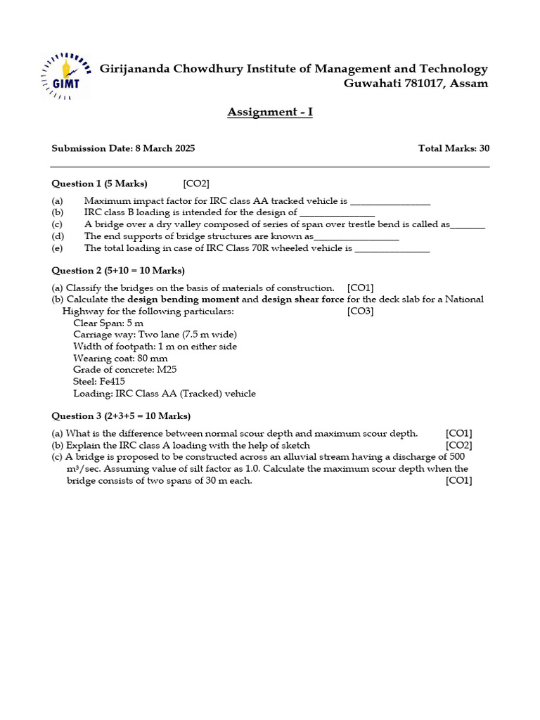 Bridge Engineering Assignment 2024-2025 | PDF