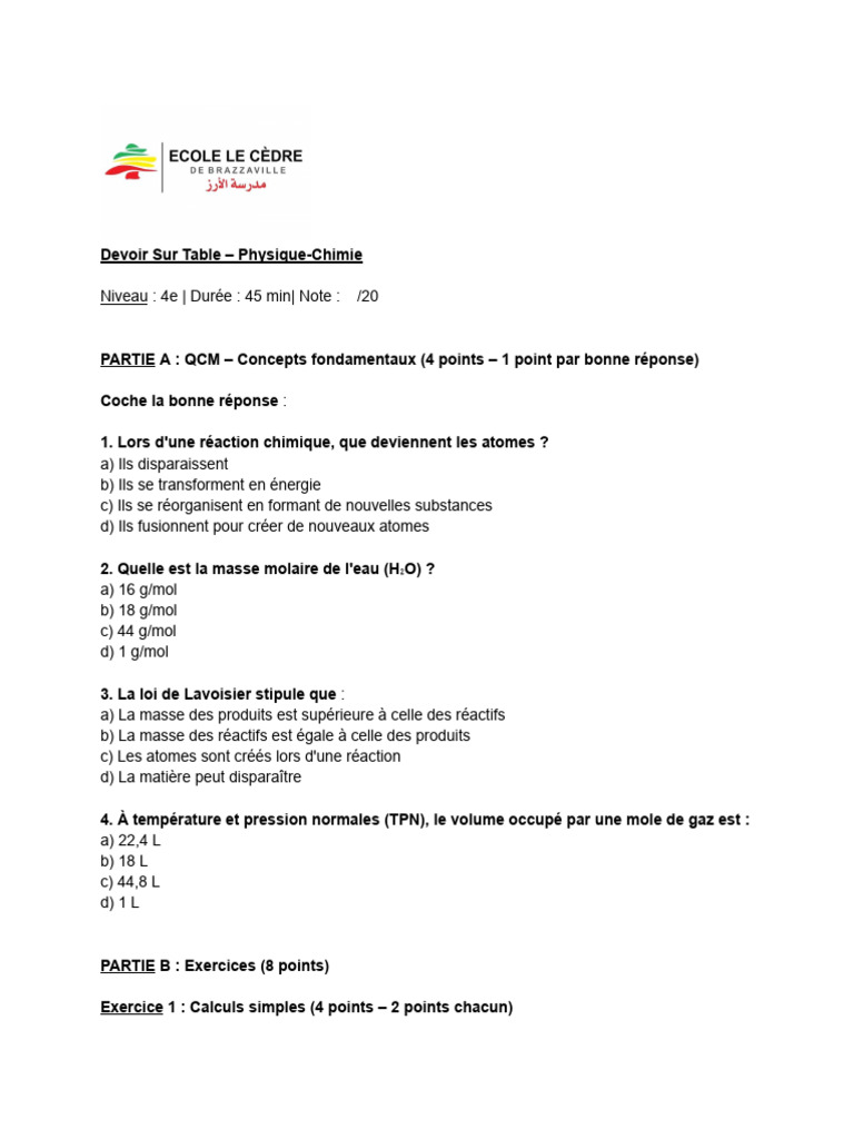 QCM et Exercices de PhysiqueChimie 4e PDF — free download
