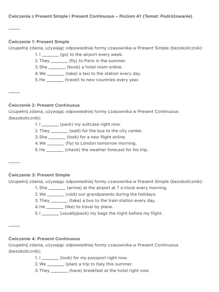 Ćwiczenia Z Present Simple I Present Continuous - Poziom A1 (Temat | PDF