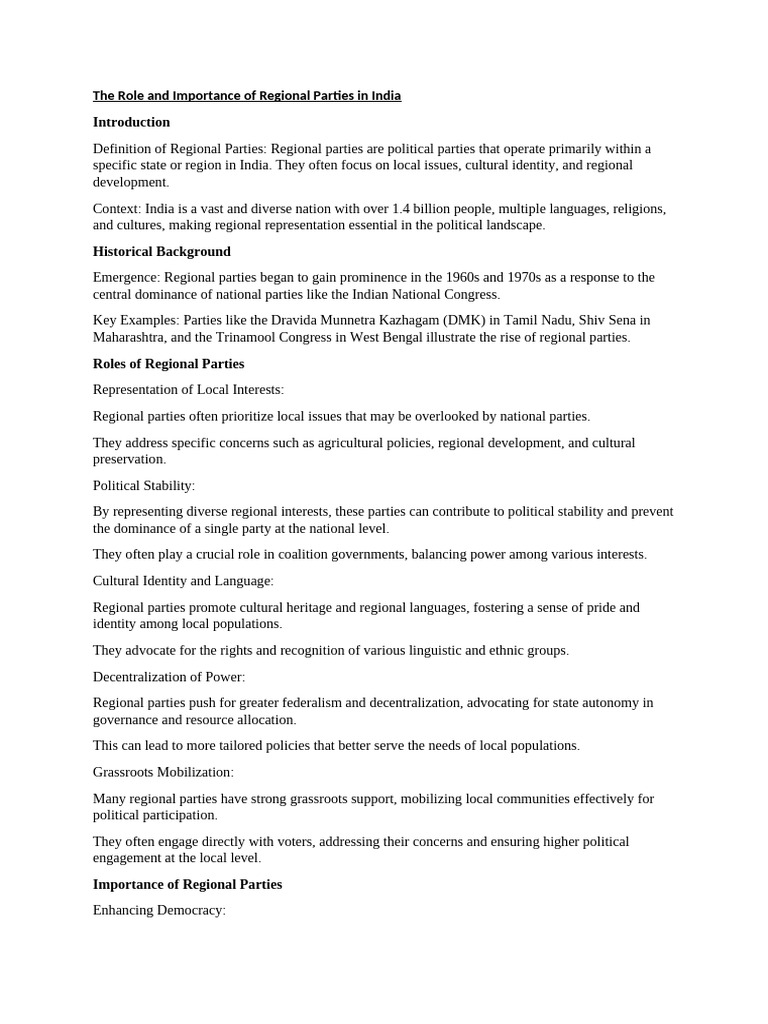The Role and Importance of Regional Parties in India | PDF | Political ...