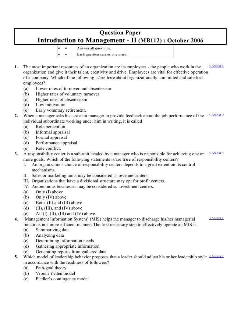 Introduction To Management - II: Question Paper (MB112) : October 2006 ...