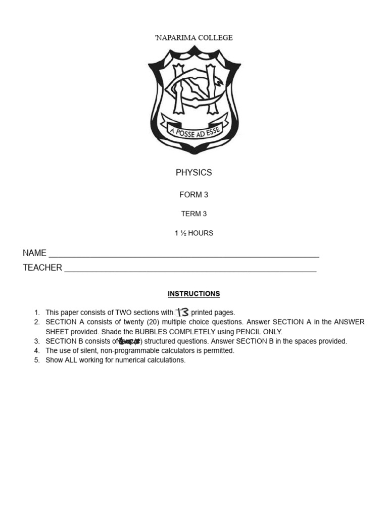 Form 3 Physics Exam Paper Term 3 | PDF | Force | Momentum