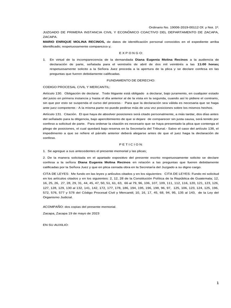 Solicitud de declaración confesa en juicio | PDF | Instituciones ...