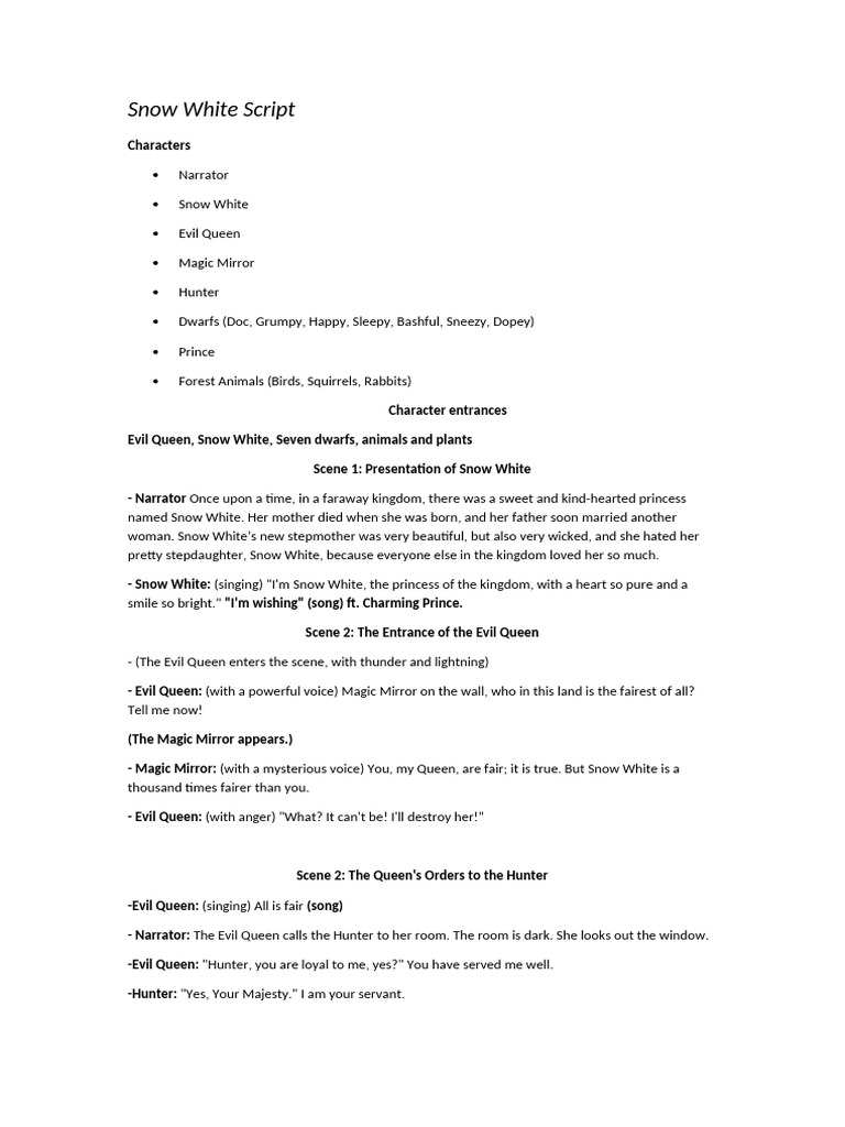 Snow White Script: A Fairy Tale Adaptation | PDF | Snow White