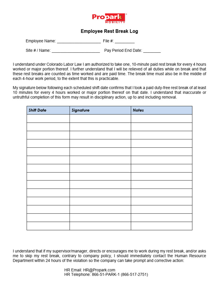 Employee Break Log Compliance Form | PDF