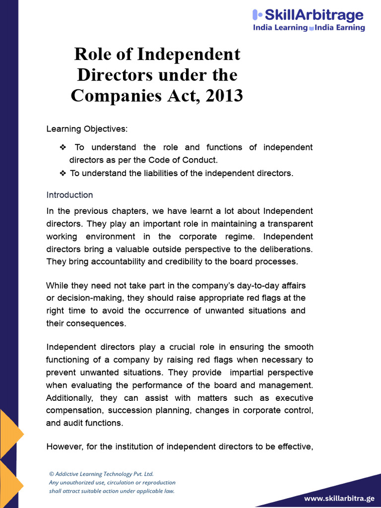 Role of Independent Directors in Companies Act | PDF | Fiduciary ...
