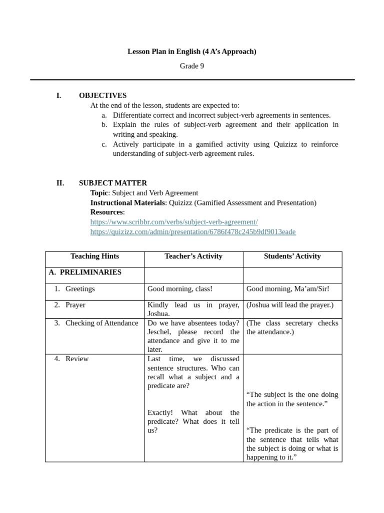 Subject-Verb Agreement Lesson Plan | PDF | Subject (Grammar ...