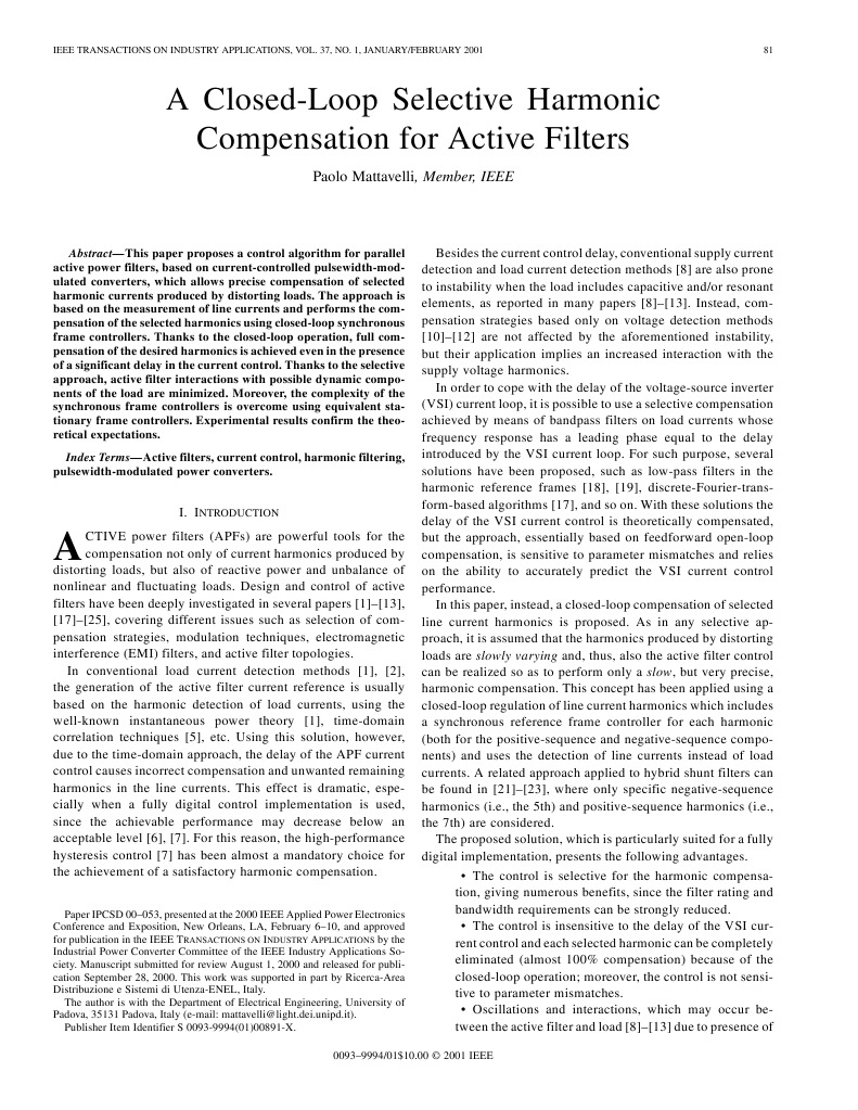 A ClosedLoop Selective Harmonic Compensation For Active Filters PDF