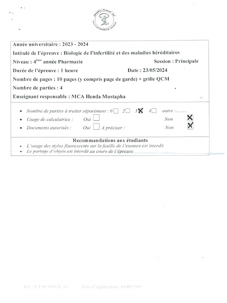 M2 Infertilité QROC Correction P2024 | PDF