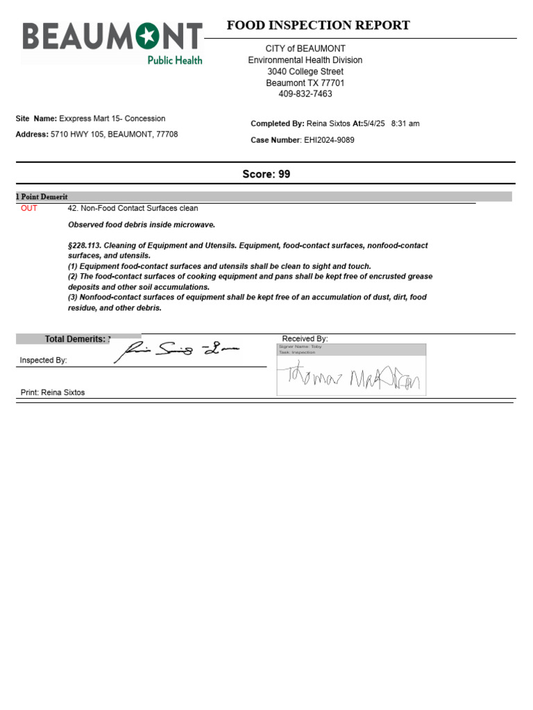 Exxpress Mart Food Inspection Report | PDF