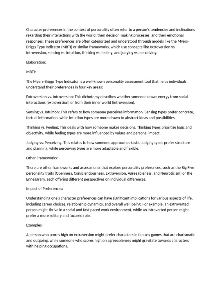 Understanding Character Preferences in Personality | PDF