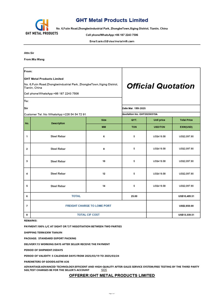 QUOTATION 2025.03.19 FROM Mia-1 | PDF | Freight Transport | Supply ...
