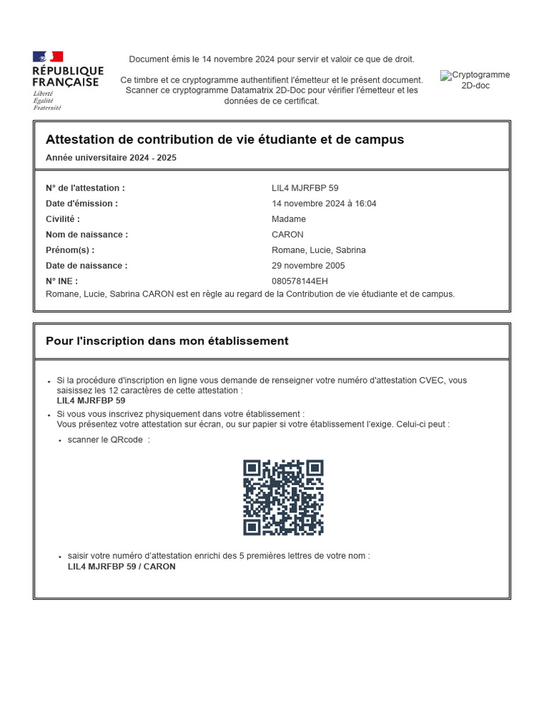 Attestation CVEC 2024-2025 - Romane CARON | PDF