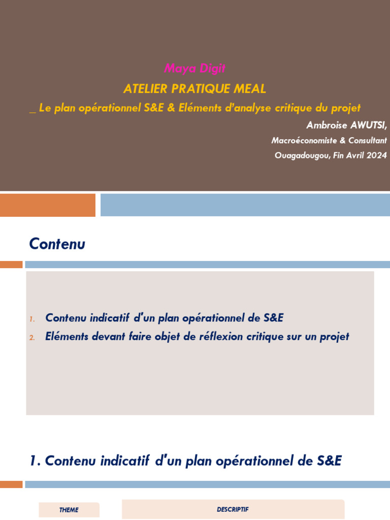 Plan opérationnel S&E : Guide pratique | PDF | Informations | Budget