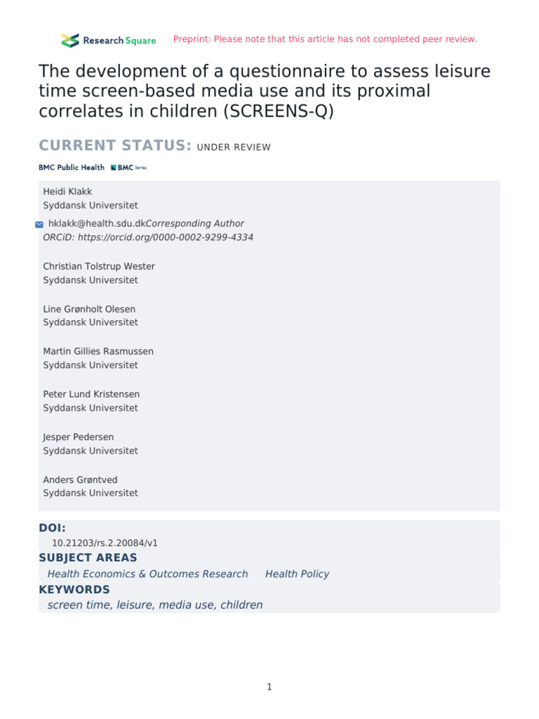 SCREENS-Q: Children's Screen Media Questionnaire | PDF | Validity ...