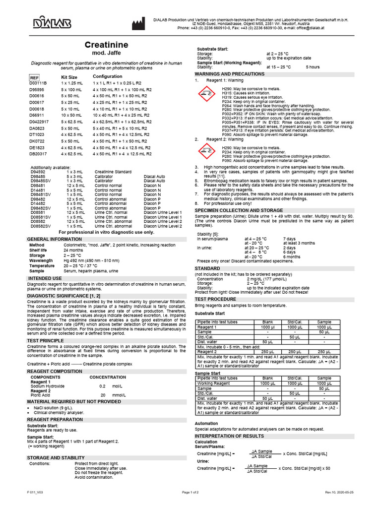 Creatinine Diagnostic Reagent Kit | PDF | Creatinine | Kidney