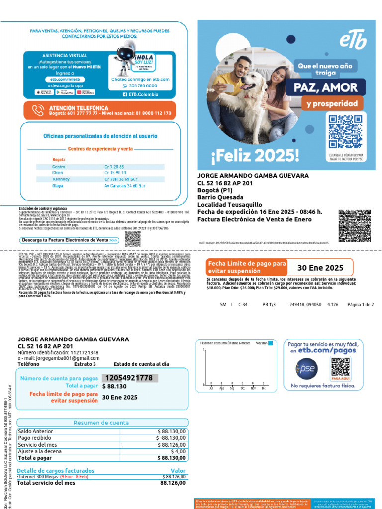 Factura ETB Enero 2025 | PDF | Factura | Pagos