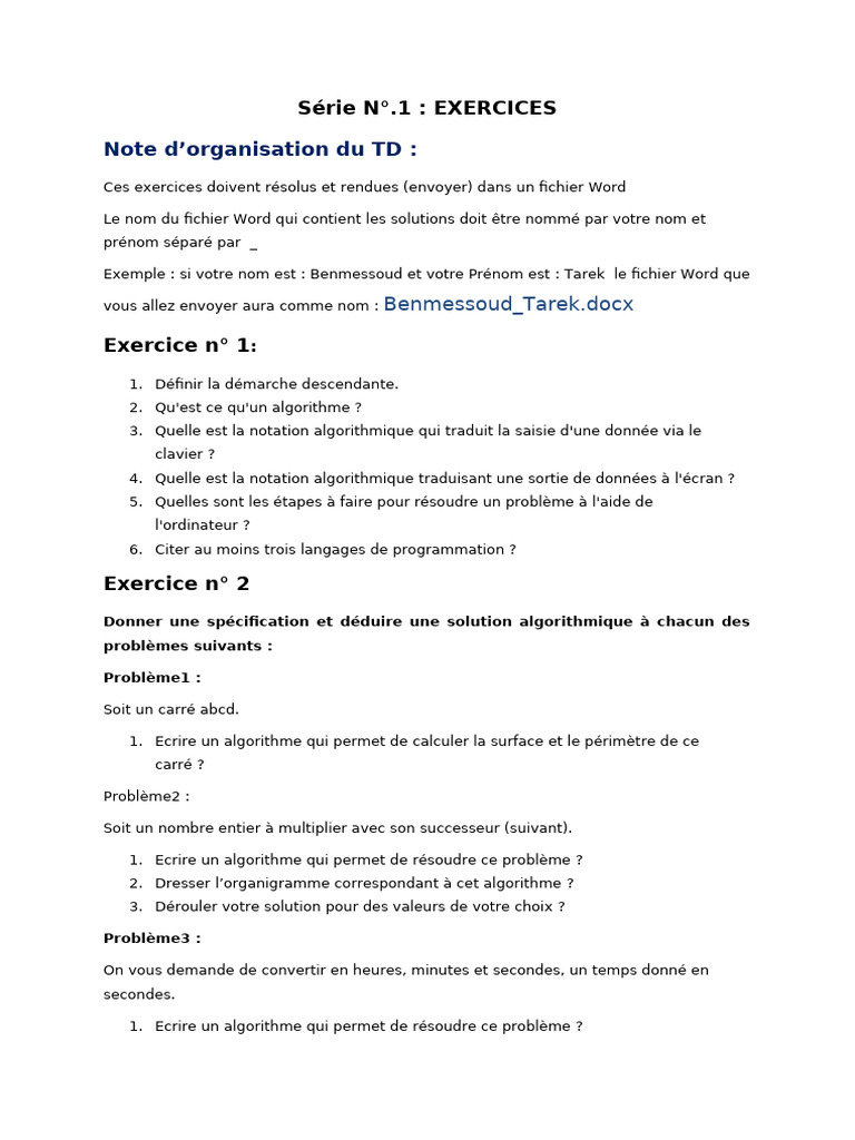Exercices de programmation et algorithmes | PDF