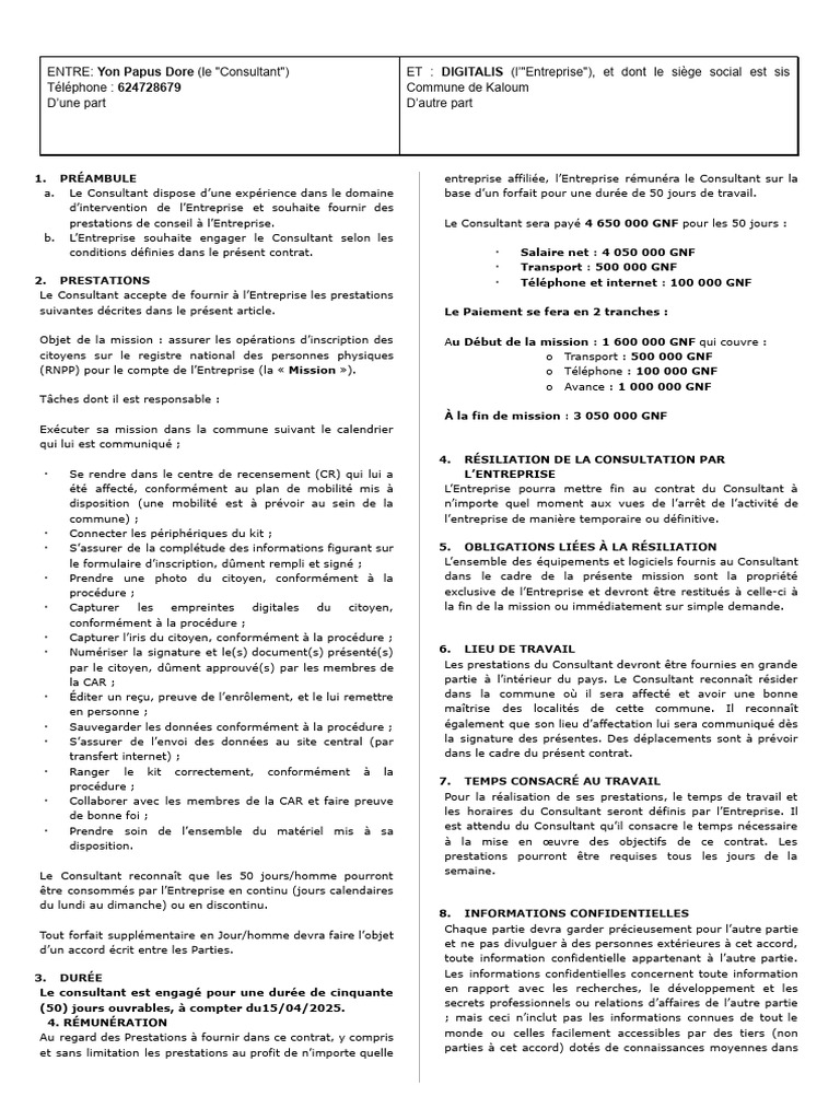 Contrat de Consultation pour Inscription RNPP | PDF | Consultant | Business