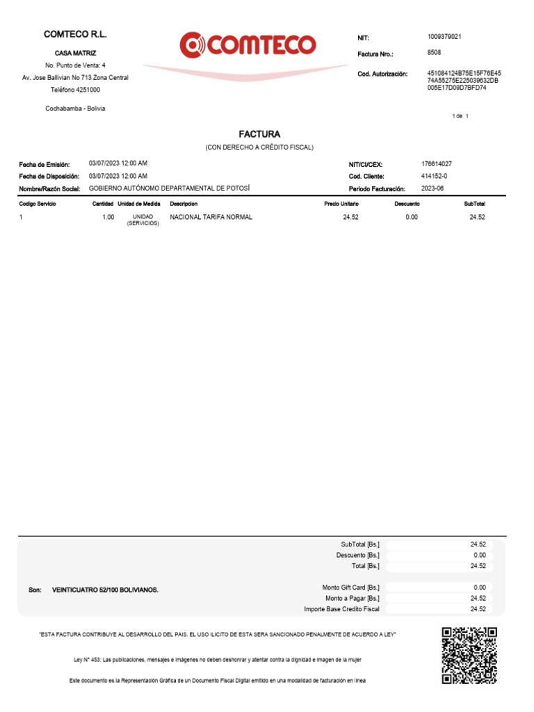 Factura Digital COMTECO R.L. Bolivia | PDF
