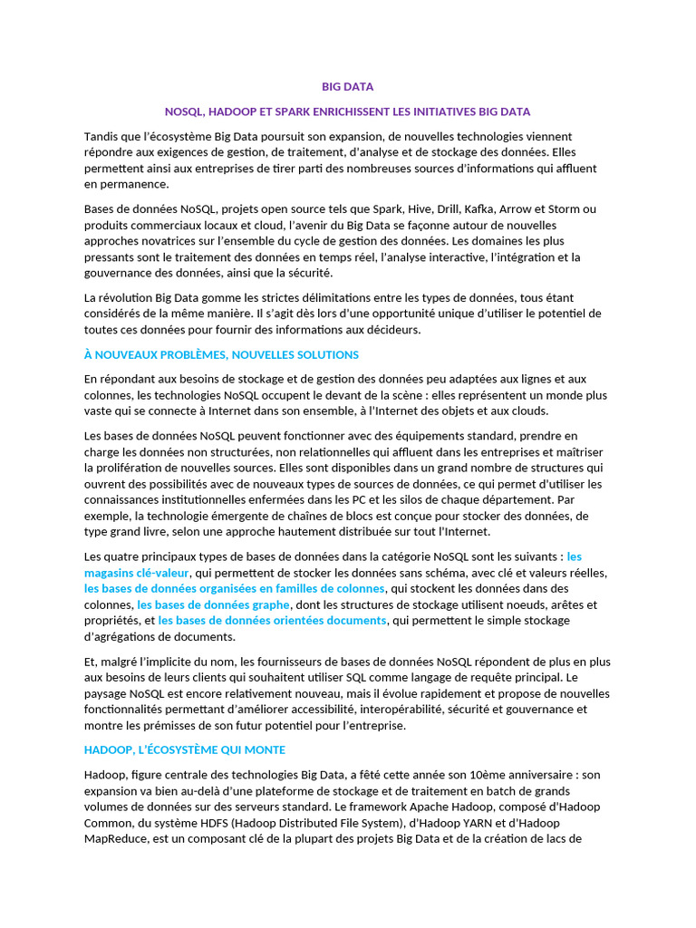 Big Data : NoSQL, Hadoop et Spark expliqués | PDF | Apache Spark ...