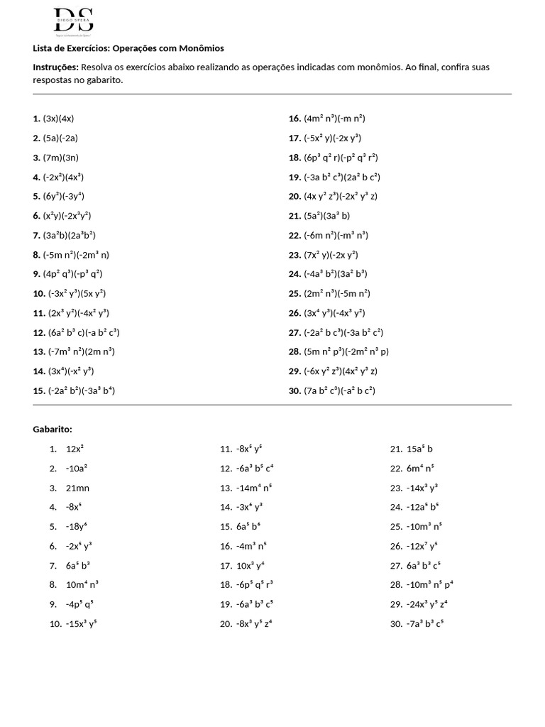 Exercícios de Multiplicação de Monômios | PDF | Xadrez
