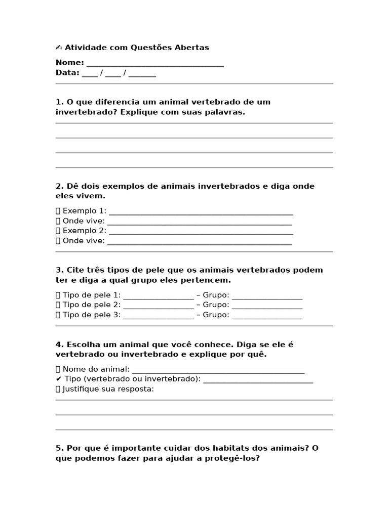 Atividade Com Questões Abertas | PDF | Vertebrados | Pele