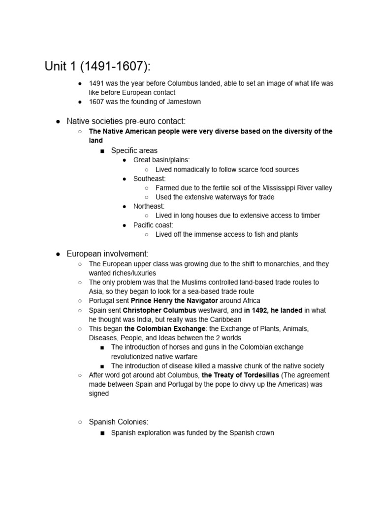Apush Unit 1 Review Notes | PDF | Spanish Empire | Christopher Columbus