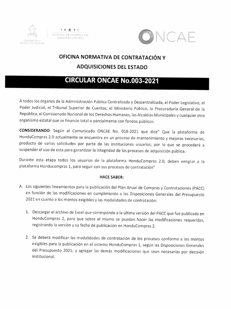 CIRCULAR No ONCAE 003-2021 Lineamientos PACC y Procesos Contratacion ...