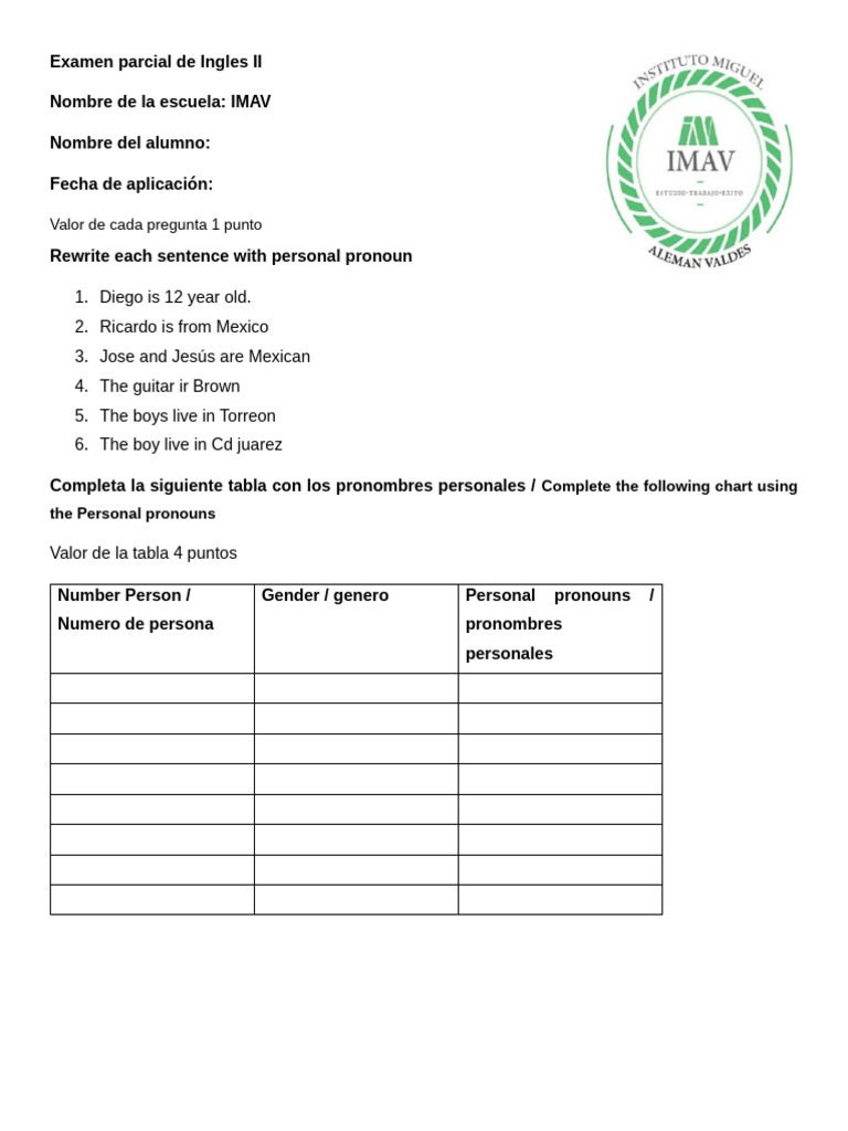 Examen Parcial de Inglés II: Pronombres | PDF