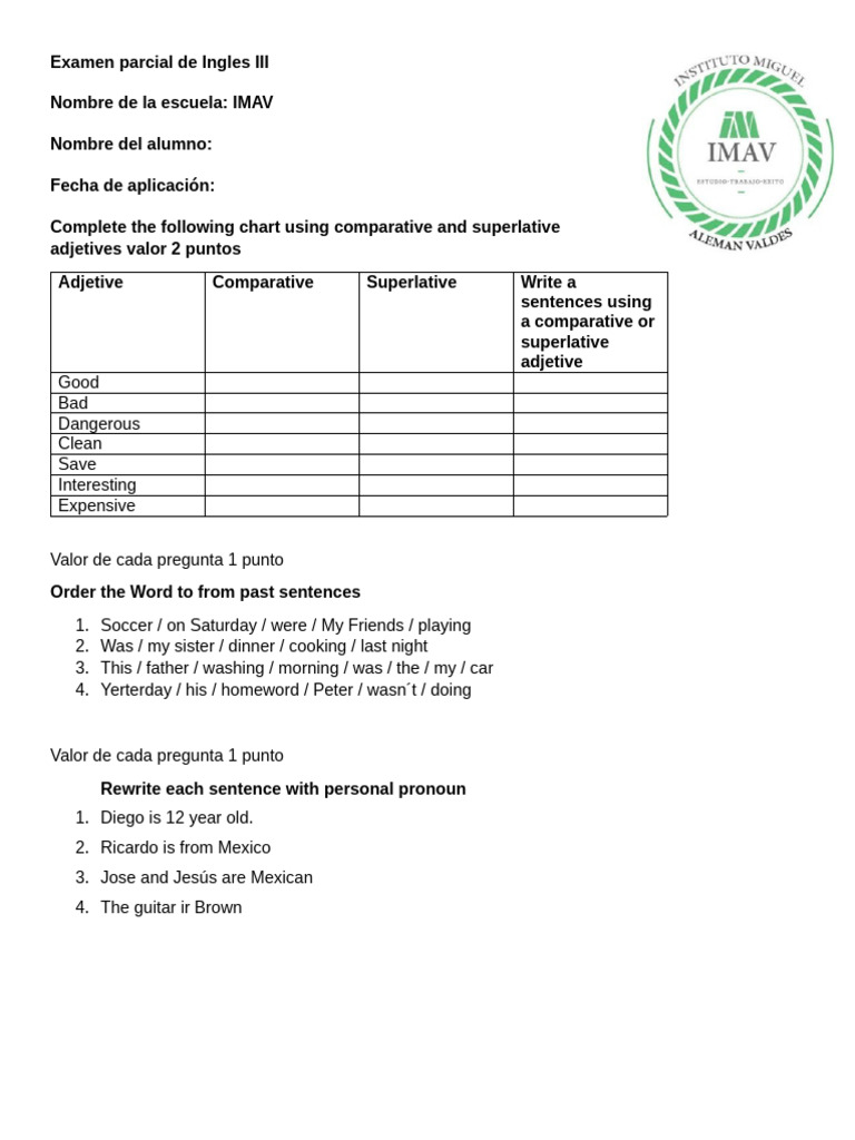 Examen Parcial de Ingles IV IMAV | PDF