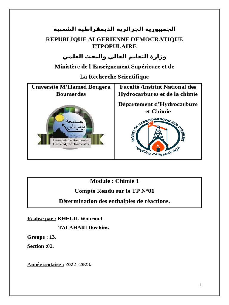 Enthalpies de Réactions en Chimie 1 | PDF | Enthalpie | Chaleur