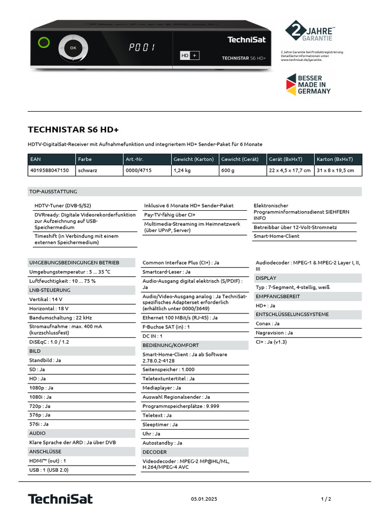 Technisches Datenblatt TECHNISTAR S6 HD | PDF